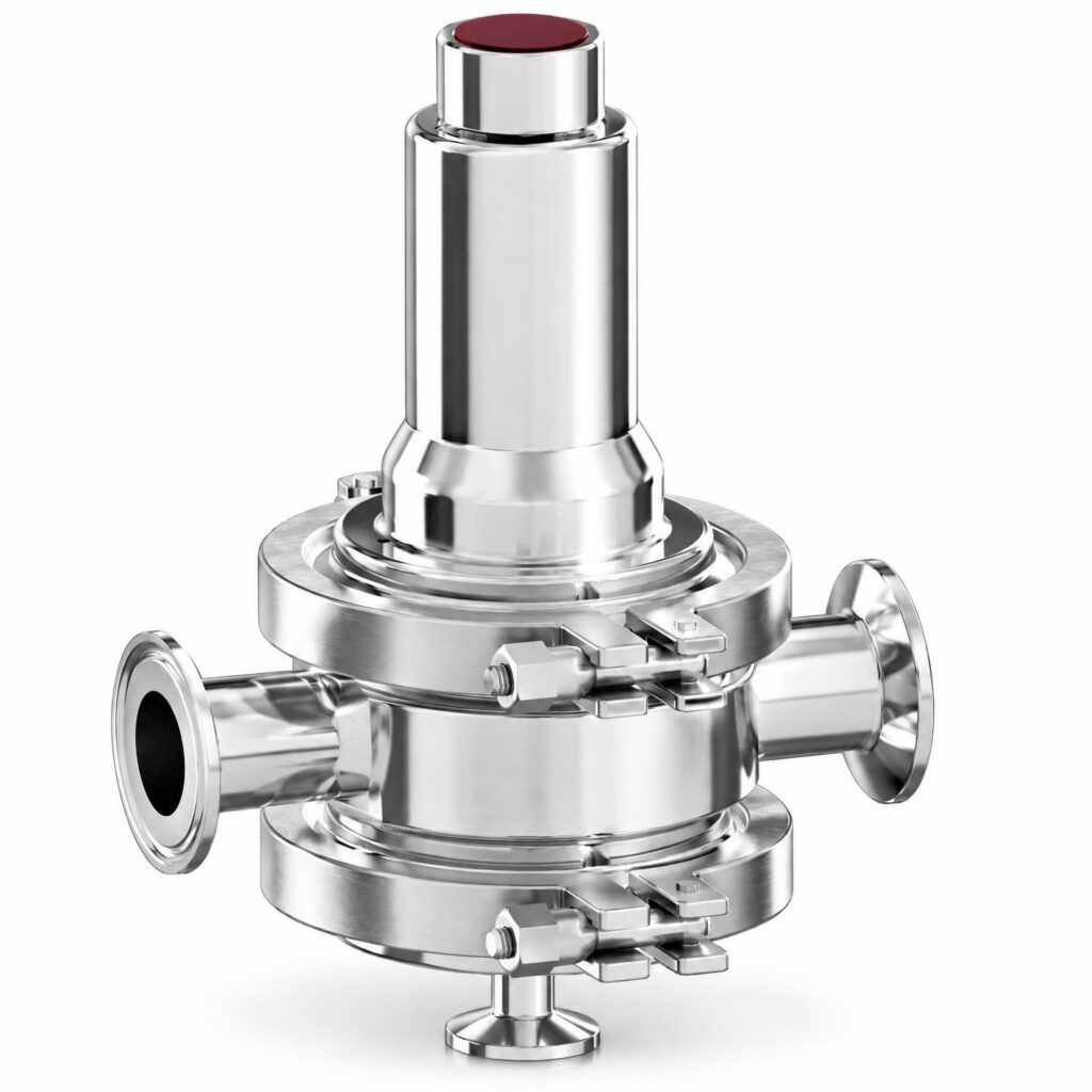 Sanitärer Druckhalte- und Überströmregler P163 DN25 aus Edelstahl 316L mit Tri-Clamp-Anschlüssen für Reinstdampf und sterile Medien