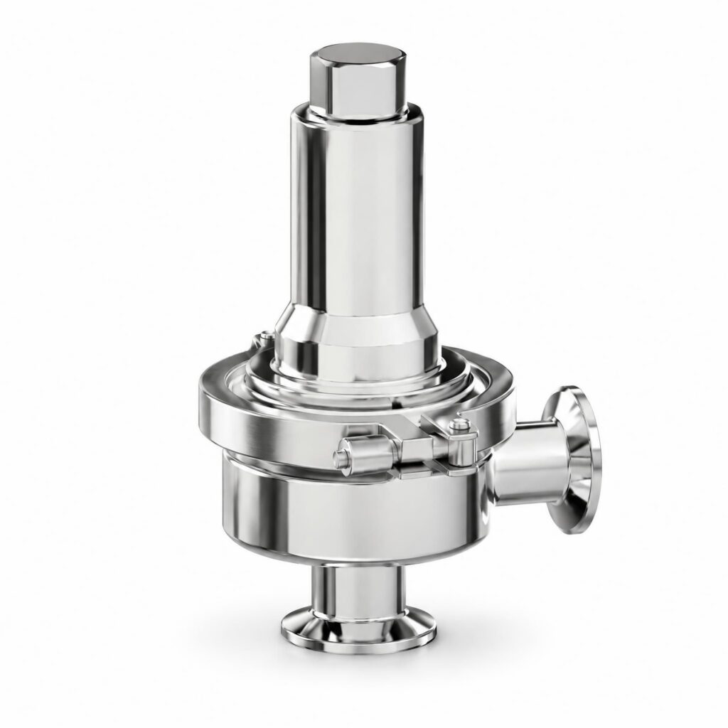 Sanitäres Druckminderventil P161 in Eckform aus Edelstahl 316L mit Tri-Clamp-Anschlüssen und hygienischer Clamp-Haubenverbindung für Reinstdampf und sterile Prozesse