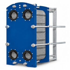 Échangeur thermique démontable à plaques et joints avec bâti bleu et tirants de serrage pour circuits industriels et CVC