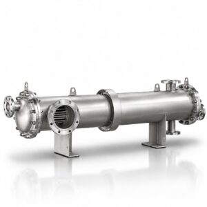 Échangeur de chaleur tubulaire horizontal en acier inoxydable avec faisceau de tubes apparent et brides de raccordement pour fluides industriels