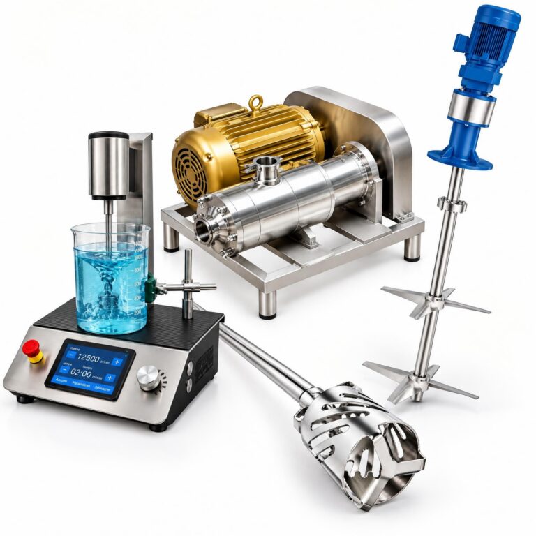 Vue d'ensemble des technologies de mélange Admix : mélangeur de laboratoire Benchmix, émulsionneur en ligne Dynashear, agitateur de cuve Rotofoil et tête Rotosolver par RECOWA
