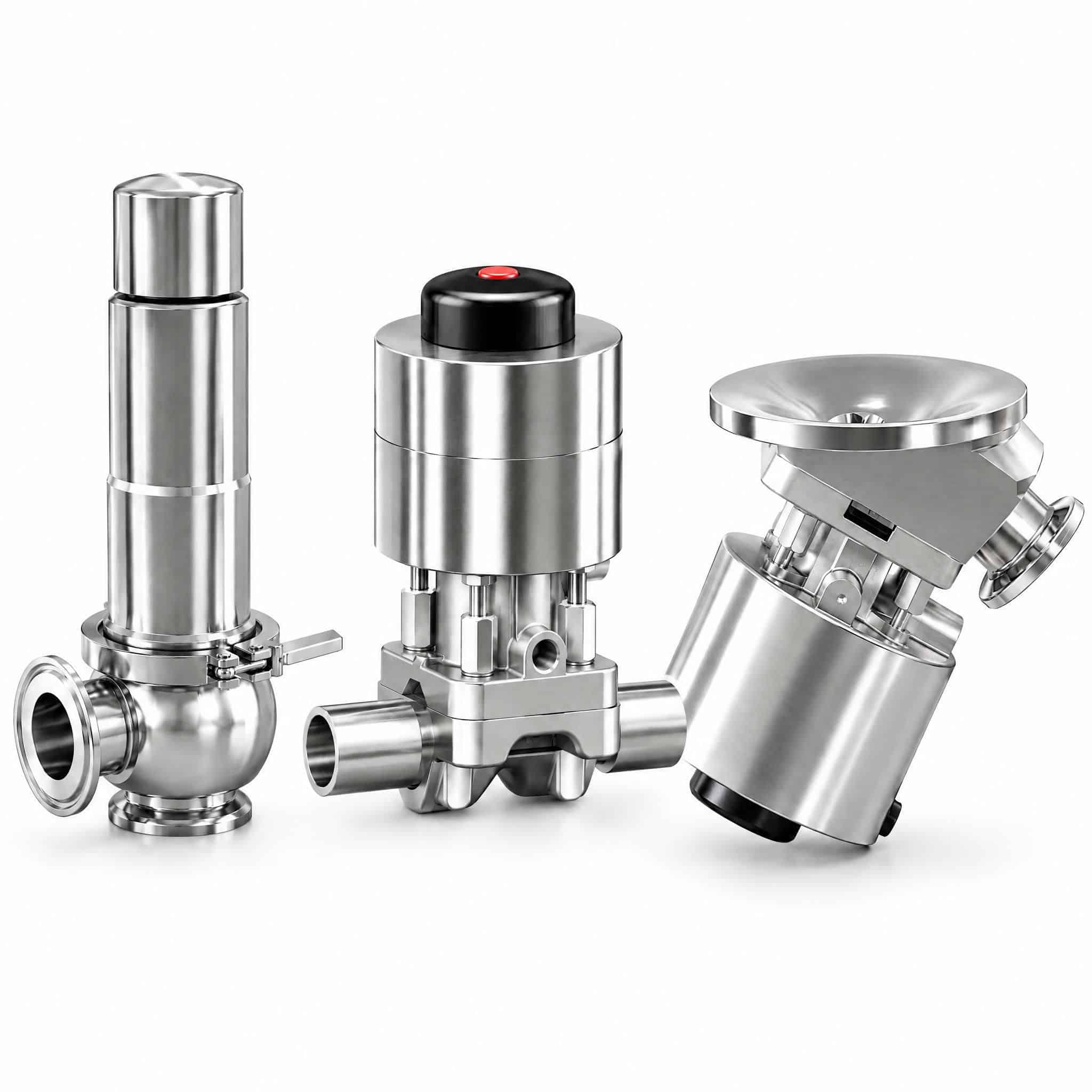 Ensemble de robinetterie sanitaire et pharmaceutique RECOWA : soupape de sécurité aseptique, vanne à membrane 2 voies et vanne de fond de cuve motorisées inox