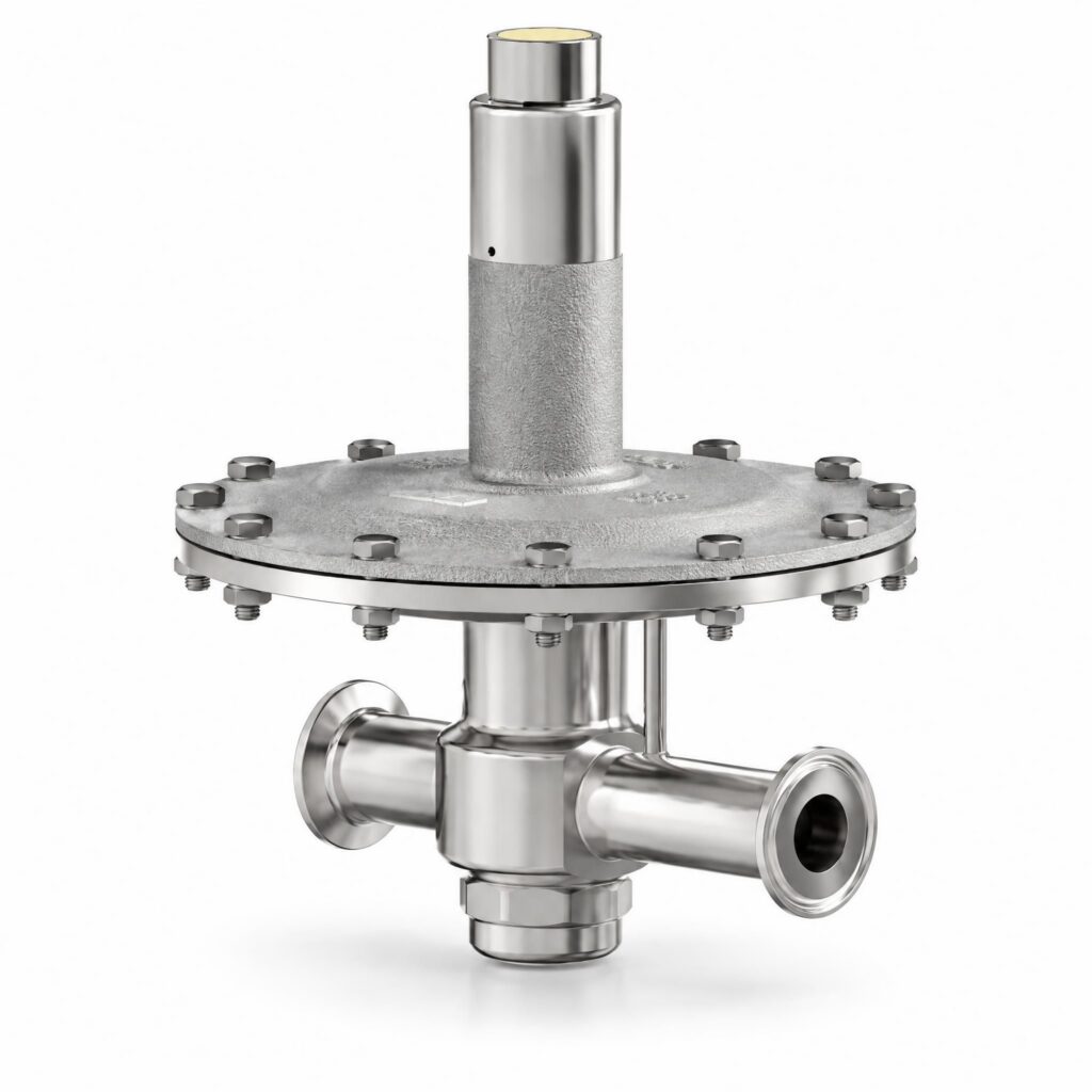 Sanitärer Niederdruck-Tanküberlagerungsregler BKR2 aus Edelstahl mit grossflächiger Membrankammer und Tri-Clamp-Stutzen für sterilen Stickstoff und Tankblanketing