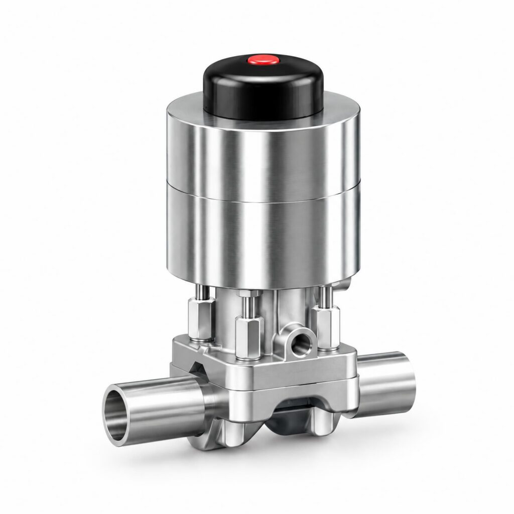 Vanne à membrane aseptique droite 2 voies à souder avec servomoteur pneumatique inox et indicateur de position RECOWA